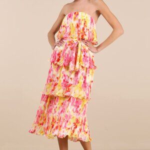 Lulus Nessa Yellow And Pink Abstract Plisse Tiered Midi Dress - Size S